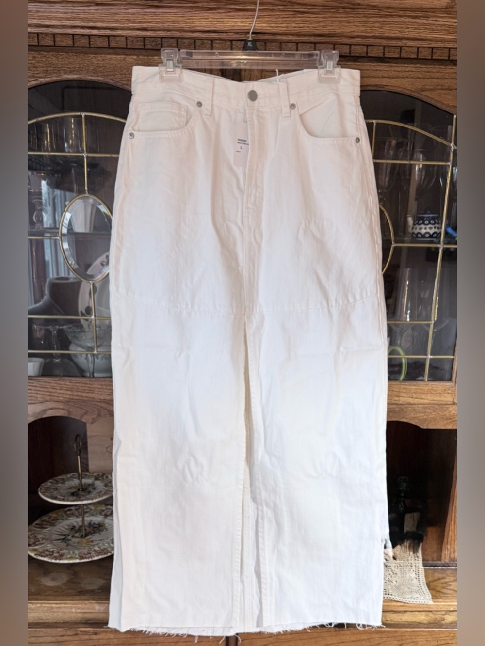 JBD White Cotton Denim Maxi  High Slit Skirt, L